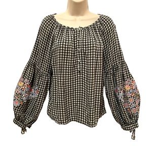 Caslon Nordstroms Beautiful Gingham Blouse Embroidered Floral Puff Tie Sleeves